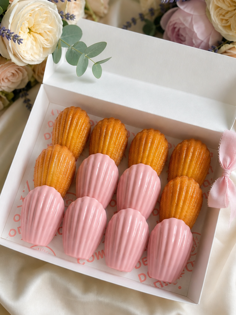 Rose madeleines with pink chocolate gift box