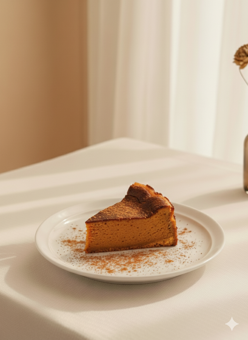 Slice of pumpkin basque cheesecake on a white plate with a soft, neutral background