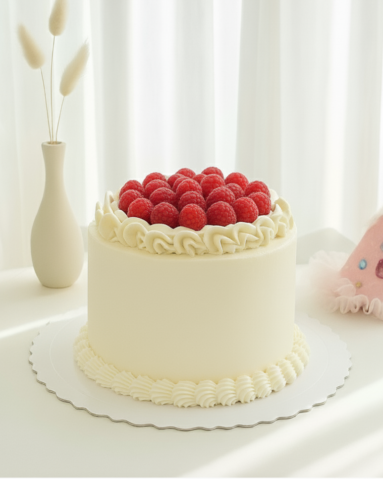 White cake with raspberries and whipped ganache