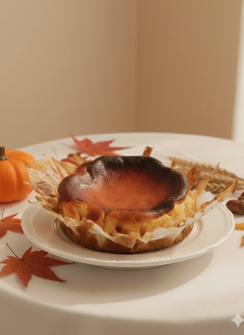 Pumpkin dessert on a white plate with autumn leaves and pumpkins on a beige background