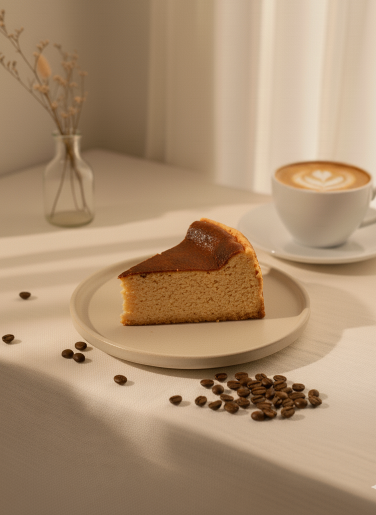 Slice of Espresso Basque Cheesecake with coffee Soft Dough Co Bakery Toronto