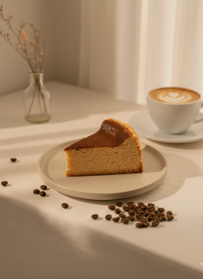 Slice of Espresso Basque Cheesecake with coffee Soft Dough Co Bakery Toronto